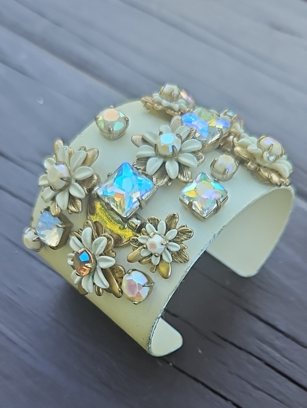 Vintage, Preloved, J. Crew Floral Crystal Cuff Bracelet - Ivory and Gold